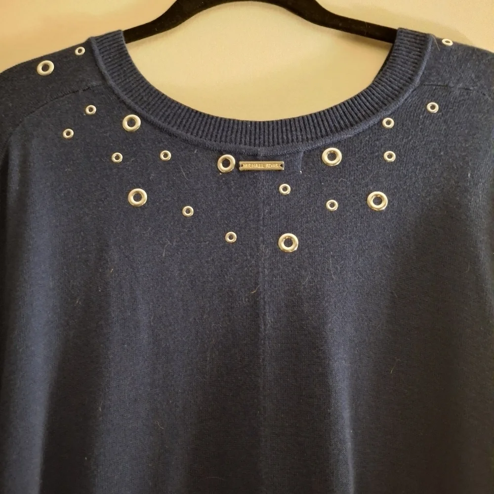 Michael Kors Dark Blue Knit Women's Poncho Sweater With Silver Grommets